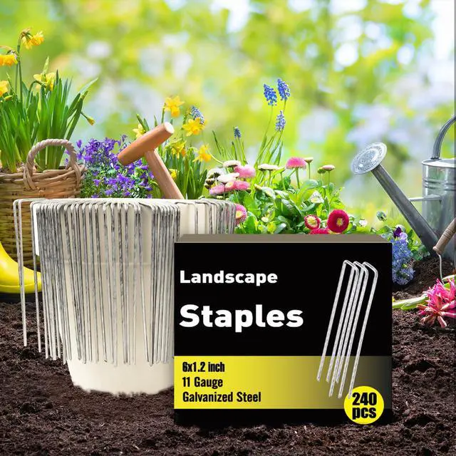 Alt view image 3 of 7 - 240 Pack 6 Inch Landscape Staples, Garden Stakes Galvanized Tent Stakes Heavy Duty 11 Gauge SOD Landscaping Fabric Pins Yard Ground Lawn Staples for Plant Cover, Turf, Fence, Grass Decoration