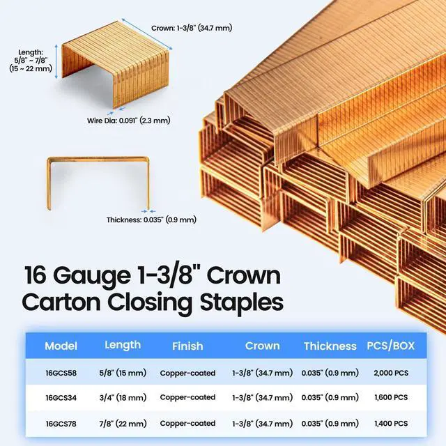Alt view image 2 of 7 - Carton Closing Staples 1-3/8" Wide Crown 5/8" Leg 2,000PCS