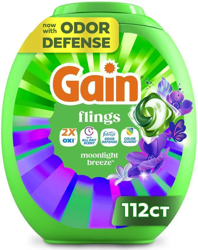 Main image of Flings Laundry Detergent Pods Odor Defense + Color Guard, Moonlight Breeze Scent, 4-in-1 Liquid Laundry Detergent Pacs with Oxi Boost and Febreze, 112 Count (Packaging May Vary)