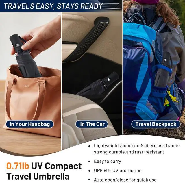 Alt view image 3 of 7 - Travel Umbrella Windproof Automatic Compact UV Sun Protection Umbrellas Small,Strong & Portable, Durable Grip, Fits Backpack & Car, Factory Direct