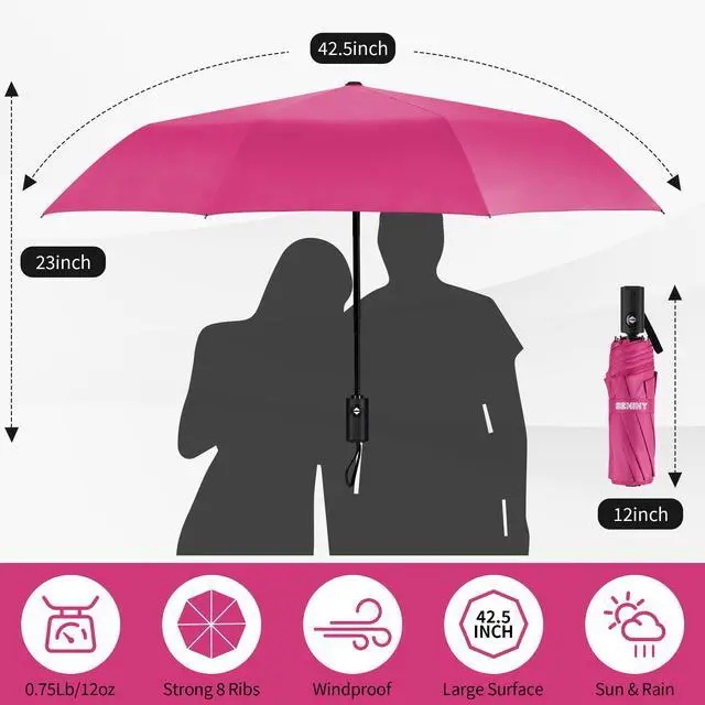 Alt view image 2 of 7 - Windproof Travel Umbrella, Automatic Umbrellas for Rain, Portable & Compact Umbrellas for Backpack, Strong UV for Protection, Folding Small Sun Umbrella for Car, Walking, Pink