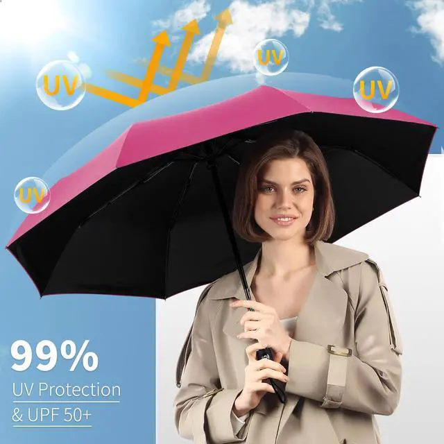 Alt view image 3 of 7 - Windproof Travel Umbrella, Automatic Umbrellas for Rain, Portable & Compact Umbrellas for Backpack, Strong UV for Protection, Folding Small Sun Umbrella for Car, Walking, Pink