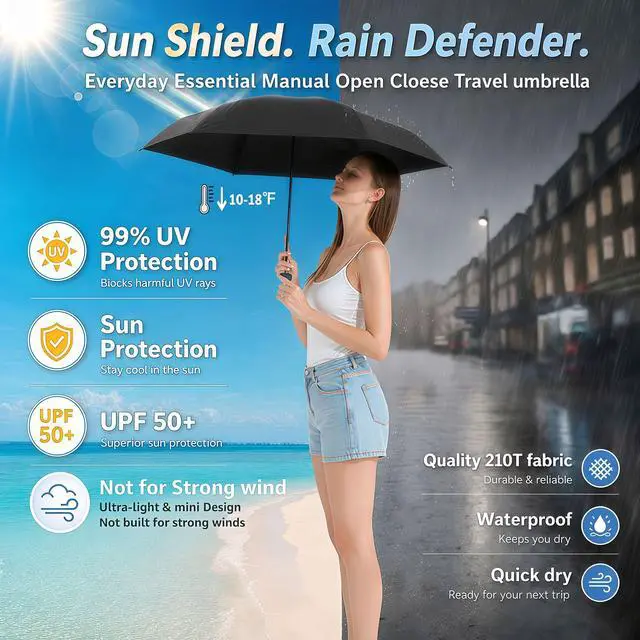 Alt view image 2 of 7 - Mini Travel Umbrella with UV Sun Protection, Compact Pocket-Size