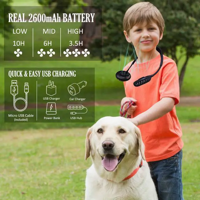 Alt view image 3 of 7 - Neck Fan - 2600mAh Battery Operated Hands Free Fan, Portable Hang Around Neck Fans for Fishing, Camping, Hiking, Working, USB Powered, Over 12 Hours Cooling