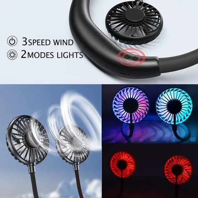 Alt view image 6 of 7 - Neck Fan - 2600mAh Battery Operated Hands Free Fan, Portable Hang Around Neck Fans for Fishing, Camping, Hiking, Working, USB Powered, Over 12 Hours Cooling