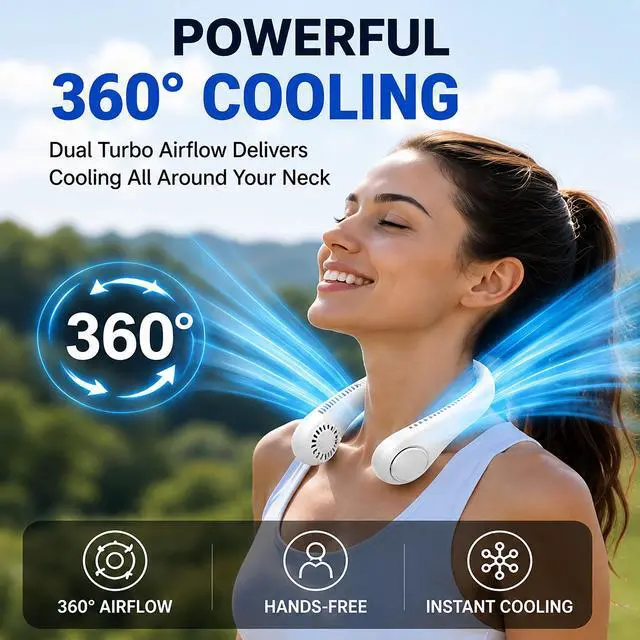 Alt view image 4 of 7 - Portable Neck Fan Rechargeable 4000mAh, Hands Free Wearable Personal Fan with 3 Speeds, 360° Adjustable Dual Fan Heads, Bladeless Cooling Fan for Travel, Office, Outdoor Activities, White