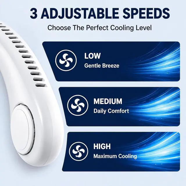 Alt view image 6 of 7 - Portable Neck Fan Rechargeable 4000mAh, Hands Free Wearable Personal Fan with 3 Speeds, 360° Adjustable Dual Fan Heads, Bladeless Cooling Fan for Travel, Office, Outdoor Activities, White