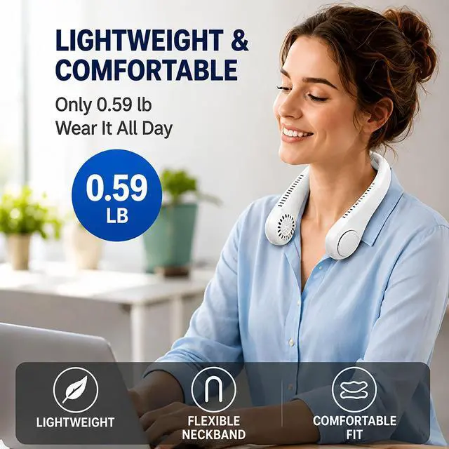 Alt view image 7 of 7 - Portable Neck Fan Rechargeable 4000mAh, Hands Free Wearable Personal Fan with 3 Speeds, 360° Adjustable Dual Fan Heads, Bladeless Cooling Fan for Travel, Office, Outdoor Activities, White