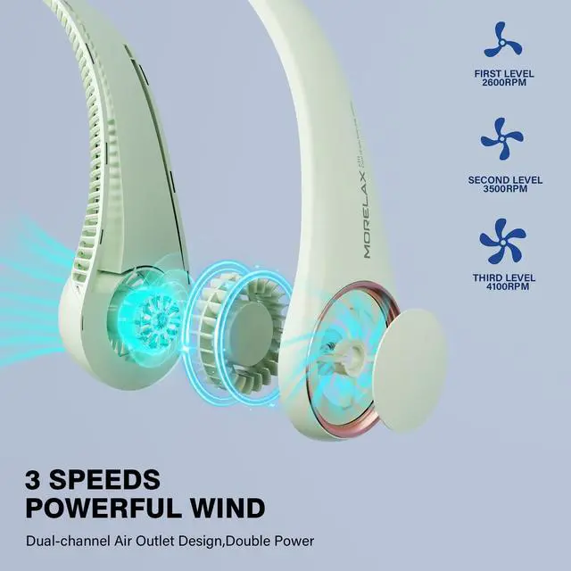 Alt view image 3 of 7 - Neck Fan, USB Rechargeable Personal Fan,Hand Free Bladeless Portable Fans,4000 mAh, 3 Speeds,72 Air Faster softer 360° Cooling, Ultra Quiet,Gift Suitable for Home, Office, Travel, Sports Green
