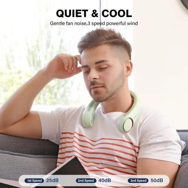 Alt view image 6 of 7 - Neck Fan, USB Rechargeable Personal Fan,Hand Free Bladeless Portable Fans,4000 mAh, 3 Speeds,72 Air Faster softer 360° Cooling, Ultra Quiet,Gift Suitable for Home, Office, Travel, Sports Green