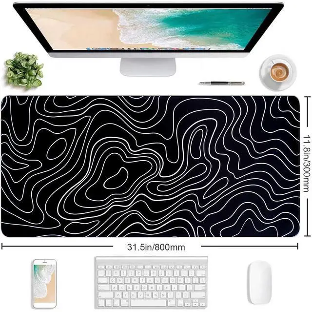 Alt view image 2 of 7 - Black White Topographic Line Mouse Pad Gaming Mousepad Non-Slip Rubber Base Keyboard Pad Desk Mat for Home Office, 31.5 x 11.8 in