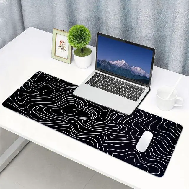 Alt view image 6 of 7 - Black White Topographic Line Mouse Pad Gaming Mousepad Non-Slip Rubber Base Keyboard Pad Desk Mat for Home Office, 31.5 x 11.8 in