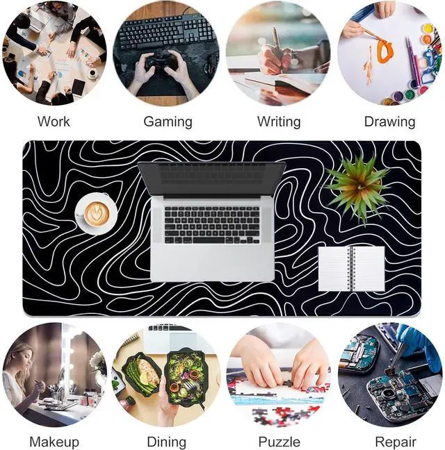 Alt view image 7 of 7 - Black White Topographic Line Mouse Pad Gaming Mousepad Non-Slip Rubber Base Keyboard Pad Desk Mat for Home Office, 31.5 x 11.8 in