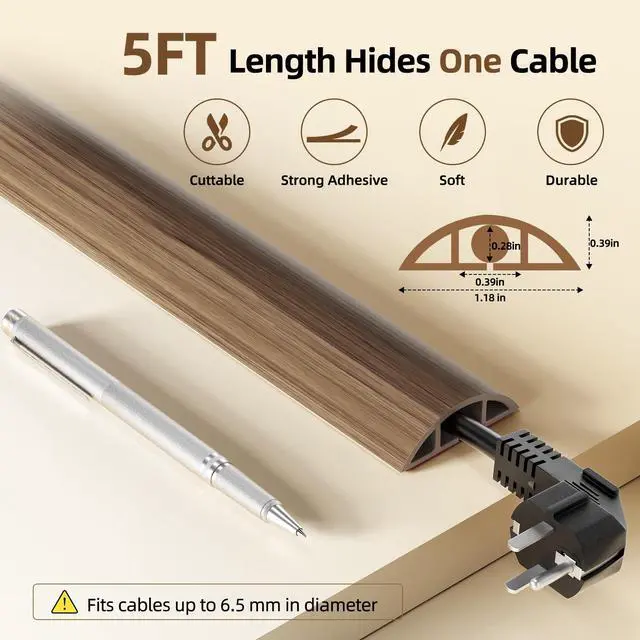 Alt view image 3 of 7 - Floor Cord Cover Self Adhesive Cord Hider, 5FT Cord Covers for Wires on Floor, Easy Cut Cord Protector Floor, Suitable for Home & Office, WalnutWood