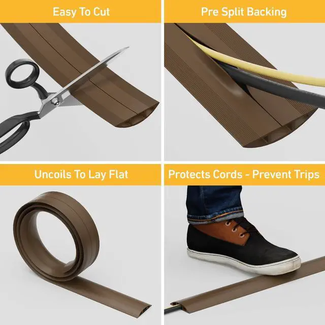 Alt view image 2 of 7 - 6ft Floor Cord Cover, Cable Protector, Hide Extension Cords, Protect Cords, Prevent Cable Trips, Heavy Duty Cord Hider - Cable Cavity = 0.63" (W) x 0.31" (H) - Brown