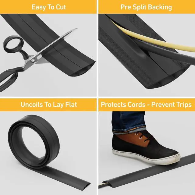 Alt view image 2 of 7 - 6ft Floor Cord Cover, Cable Protector, Hide Extension Cords, Protect Cords, Prevent Cable Trips, Heavy Duty Cord Hider - Cable Cavity = 0.63" (W) x 0.31" (H) - Black
