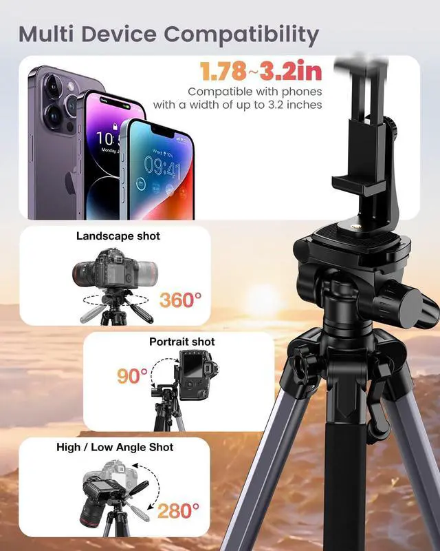 Alt view image 5 of 6 - 74 Aluminum Camera Tripod HeavyDuty Professional Tripod Stand for DSLR & Mirrorless Cameras, Smartphones & GoPro Lightweight Travel Tripod with 360° Pan Head & Phone Mount