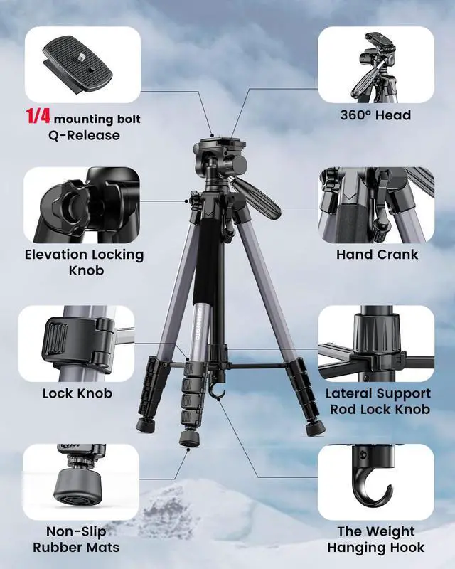 Alt view image 6 of 6 - 74 Aluminum Camera Tripod HeavyDuty Professional Tripod Stand for DSLR & Mirrorless Cameras, Smartphones & GoPro Lightweight Travel Tripod with 360° Pan Head & Phone Mount