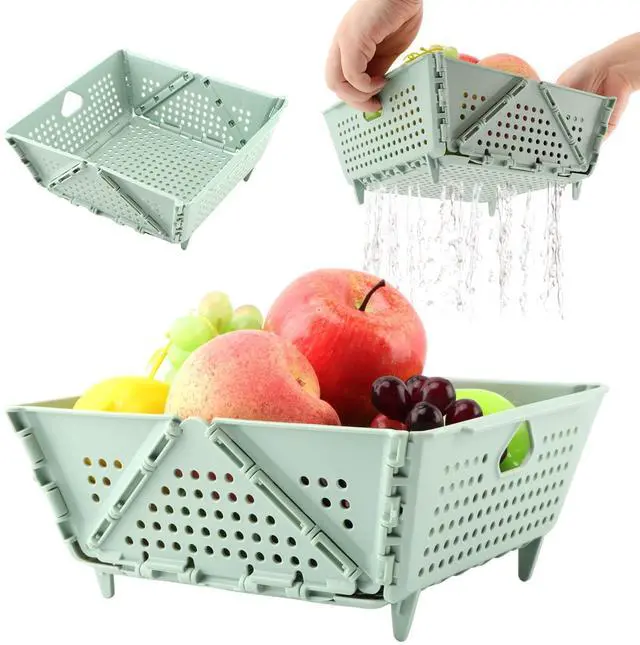 Main image of Collapsible Colander for Kitchen, Plastic Fruit Strainer Basket, Space-Saving Food Storage Drain Basket with Efficient Holes for Pasta, Vegetables, Berries Food Cleaning(COLOR:Green)