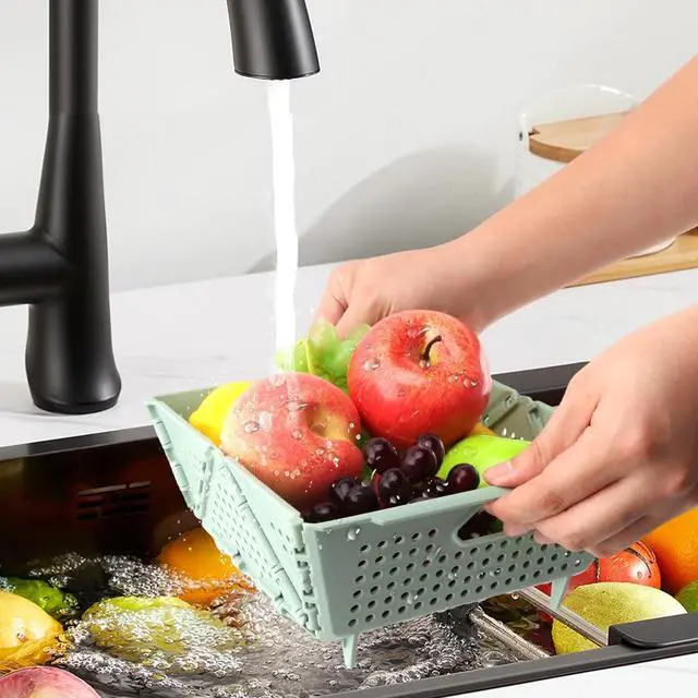 Alt view image 3 of 7 - Collapsible Colander for Kitchen, Plastic Fruit Strainer Basket, Space-Saving Food Storage Drain Basket with Efficient Holes for Pasta, Vegetables, Berries Food Cleaning(COLOR:Green)