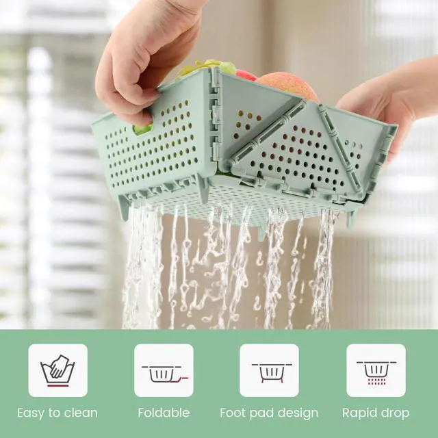 Alt view image 7 of 7 - Collapsible Colander for Kitchen, Plastic Fruit Strainer Basket, Space-Saving Food Storage Drain Basket with Efficient Holes for Pasta, Vegetables, Berries Food Cleaning(COLOR:Green)
