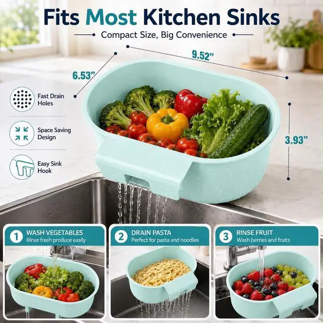 Alt view image 2 of 7 - Over Sink Colander with Handle 9.5" × 6.5" × 3.9" Kitchen Sink Strainer Basket for Washing Fruits & Vegetables, Draining Pasta, Defrosting Food & Drying Dishes, BPA-Free Dishwasher Safe, Light Blue