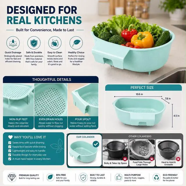 Alt view image 3 of 7 - Over Sink Colander with Handle 9.5" × 6.5" × 3.9" Kitchen Sink Strainer Basket for Washing Fruits & Vegetables, Draining Pasta, Defrosting Food & Drying Dishes, BPA-Free Dishwasher Safe, Light Blue