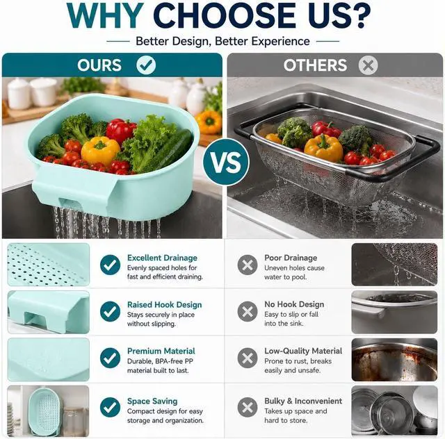 Alt view image 4 of 7 - Over Sink Colander with Handle 9.5" × 6.5" × 3.9" Kitchen Sink Strainer Basket for Washing Fruits & Vegetables, Draining Pasta, Defrosting Food & Drying Dishes, BPA-Free Dishwasher Safe, Light Blue