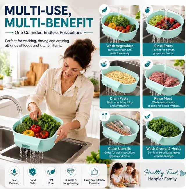 Alt view image 5 of 7 - Over Sink Colander with Handle 9.5" × 6.5" × 3.9" Kitchen Sink Strainer Basket for Washing Fruits & Vegetables, Draining Pasta, Defrosting Food & Drying Dishes, BPA-Free Dishwasher Safe, Light Blue