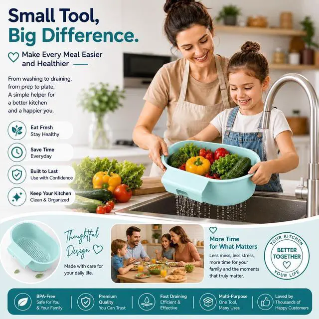 Alt view image 7 of 7 - Over Sink Colander with Handle 9.5" × 6.5" × 3.9" Kitchen Sink Strainer Basket for Washing Fruits & Vegetables, Draining Pasta, Defrosting Food & Drying Dishes, BPA-Free Dishwasher Safe, Light Blue