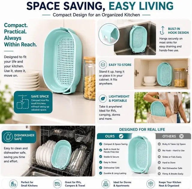 Alt view image 6 of 7 - Over Sink Colander with Handle 9.5" × 6.5" × 3.9" Kitchen Sink Strainer Basket for Washing Fruits & Vegetables, Draining Pasta, Defrosting Food & Drying Dishes, BPA-Free Dishwasher Safe, Light Blue