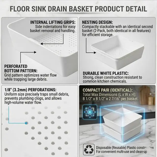 Alt view image 5 of 6 - Pack of 2 Commercial Plastic Floor Drain Strainer Baskets, 8.5 x 8.5 x 2.44 Inch Floor Sink Drain Covers with 1/8 Inch Holes, Square Drain Filter for Restaurant Kitchen Floor Drains