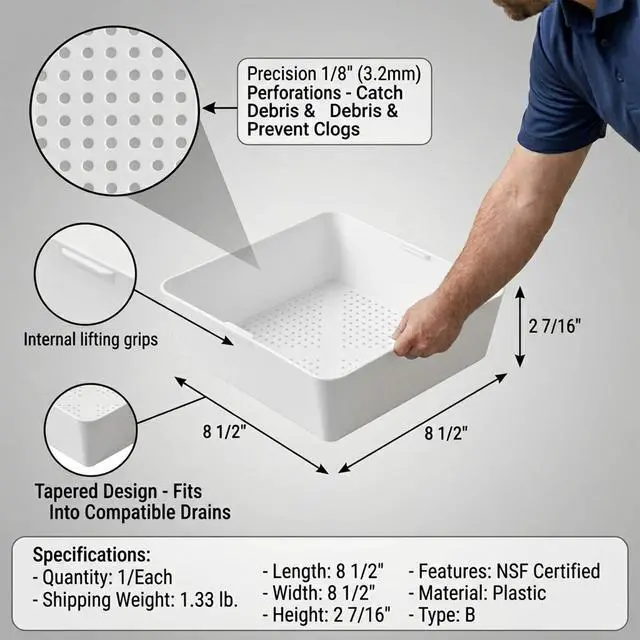Alt view image 6 of 6 - Pack of 2 Commercial Plastic Floor Drain Strainer Baskets, 8.5 x 8.5 x 2.44 Inch Floor Sink Drain Covers with 1/8 Inch Holes, Square Drain Filter for Restaurant Kitchen Floor Drains