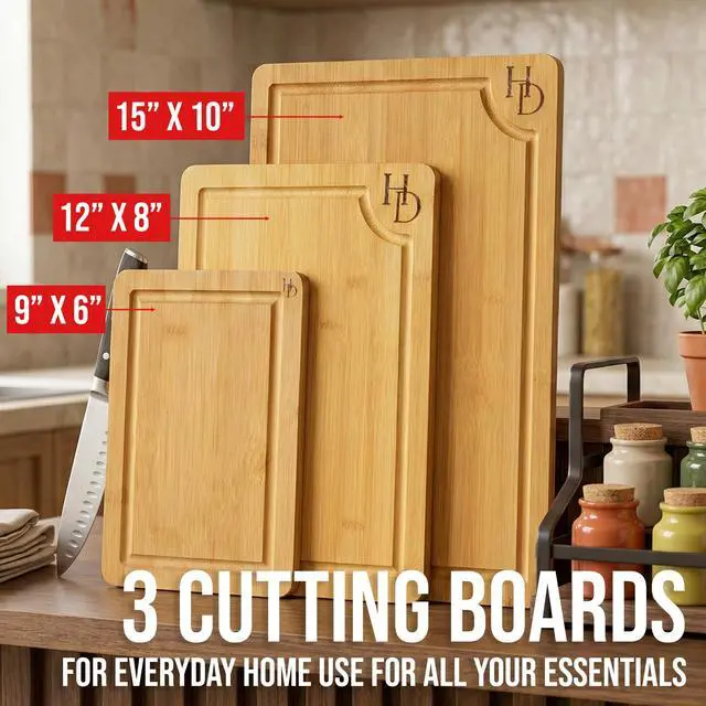 Alt view image 3 of 7 - 3 Piece Bamboo Cutting Board Set, Cutting Boards For Kitchen, Hampton Distribution