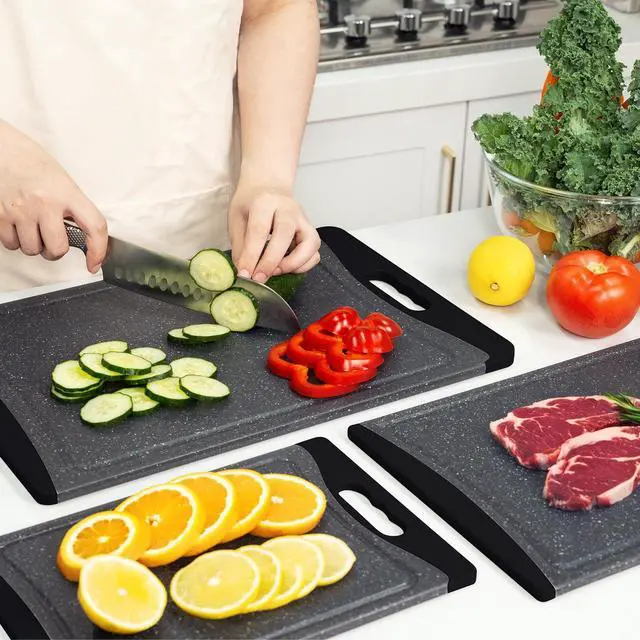 Alt view image 7 of 7 - Extra Large Cutting Boards, Plastic Cutting Boards for Kitchen (Set of 3) Cutting Board Set Dishwasher Chopping Board with Juice Grooves Easy-Grip Handles, Dark Grey