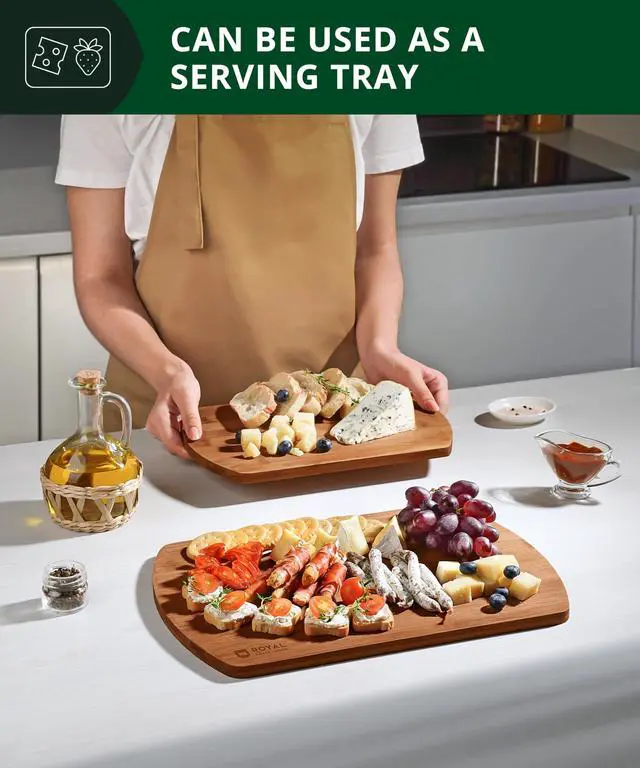 Alt view image 7 of 7 - Wooden Cutting Boards for Kitchen Meal Prep & Serving - Bamboo Wood Serving Board Set with Deep Juice Groove Side Handles - Charcuterie & Chopping Butcher Block for Meat