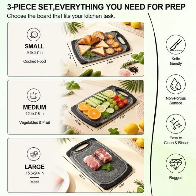 Alt view image 3 of 7 - Plastic Cutting Boards Set of 3,BPA Free,Dishwasher Safe