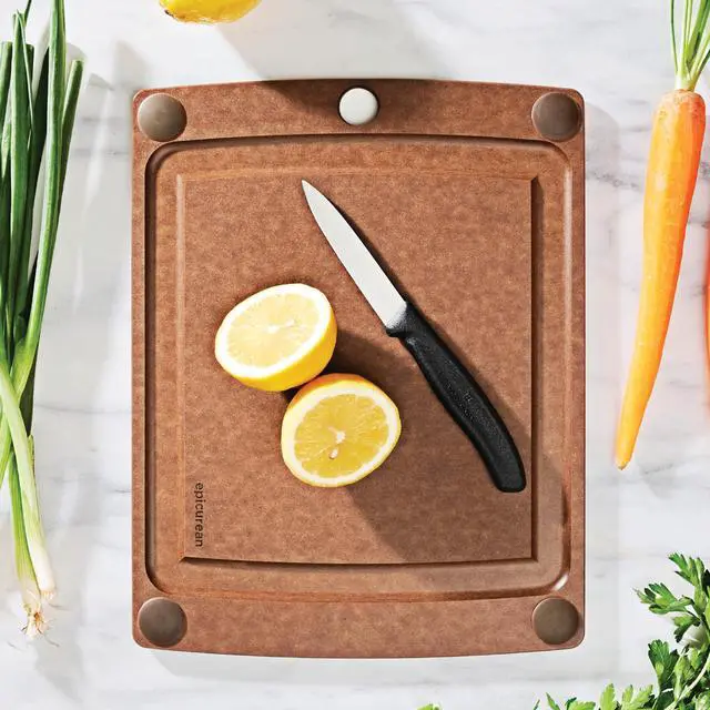 Alt view image 2 of 5 - All-In-One Cutting Board with Non-Slip Feet and Juice Groove - Non-toxic, Dishwasher Safe, Made in the USA, 11.5" x 9", Nutmeg