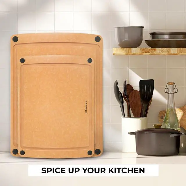 Alt view image 3 of 6 - Wood Cutting Boards for Kitchen, Juice Groove, Non-Slip Silicone Feet, Dishwasher Safe, Medium 12" x 9" and Large, 15" x 11.25", Set of 2, Natural