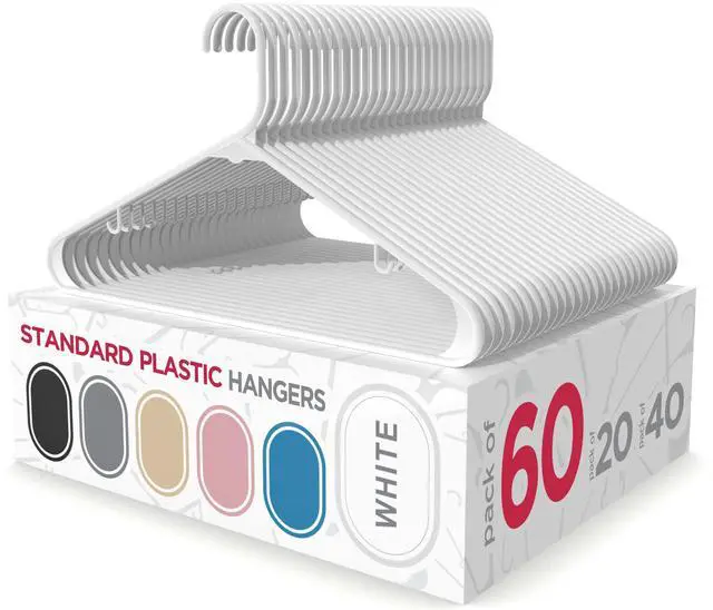 Main image of Plastic Clothes Hangers - Adult Plastic Hanger - Clothing Hangers - Standard Hangers for Clothes - Space Saving Hangers - Ideal for Shirt, Dresses, Coat Hangers (60-Pack, White)