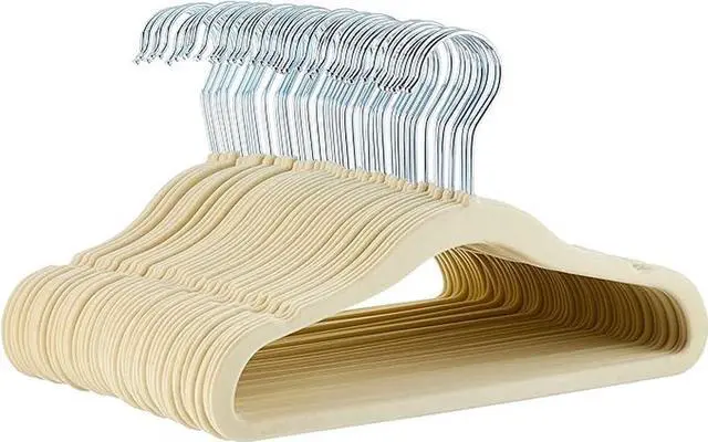 Main image of Kids Space Saving Velvet Non-Slip Clothes Hangers with Shoulder Notches for Infant and Toddler, 11.6", Beige, 50-Pack