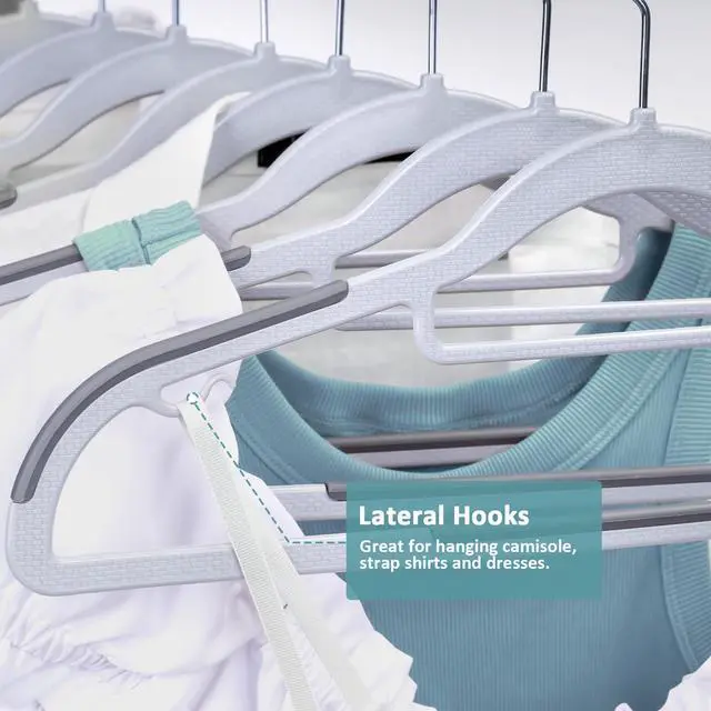 Alt view image 3 of 7 - Pack of 30 Coat Hangers, Space-Saving Plastic Clothes Hangers, Non-Slip, 0.2 Inches Slim, 360° Swivel Silver Hook for Shirts, Pants, Suit & Wet/Dry Garments, Light and Dark Gray