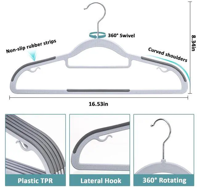 Alt view image 2 of 7 - Pack of 30 Coat Hangers, Space-Saving Plastic Clothes Hangers, Non-Slip, 0.2 Inches Slim, 360° Swivel Silver Hook for Shirts, Pants, Suit & Wet/Dry Garments, Light and Dark Gray