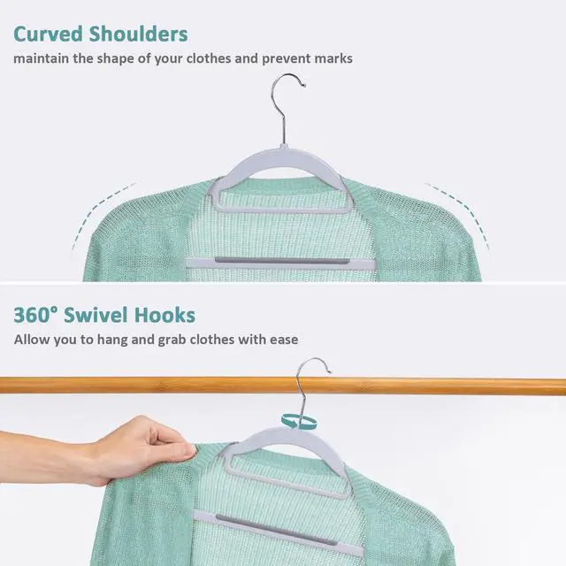 Alt view image 5 of 7 - Pack of 30 Coat Hangers, Space-Saving Plastic Clothes Hangers, Non-Slip, 0.2 Inches Slim, 360° Swivel Silver Hook for Shirts, Pants, Suit & Wet/Dry Garments, Light and Dark Gray