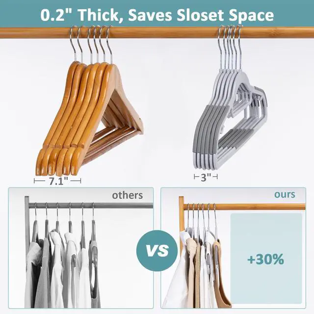Alt view image 7 of 7 - Pack of 30 Coat Hangers, Space-Saving Plastic Clothes Hangers, Non-Slip, 0.2 Inches Slim, 360° Swivel Silver Hook for Shirts, Pants, Suit & Wet/Dry Garments, Light and Dark Gray