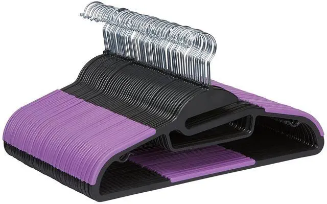 Main image of Space Saving Non-Slip Rubber Coated Plastic Hangers with 360 Degree Swivel Hook, Black/Purple, Pack of 50