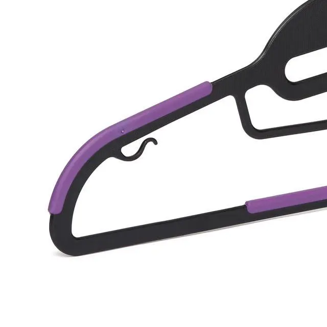 Alt view image 4 of 4 - Space Saving Non-Slip Rubber Coated Plastic Hangers with 360 Degree Swivel Hook, Black/Purple, Pack of 50