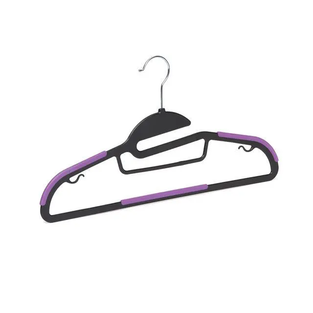 Alt view image 3 of 4 - Space Saving Non-Slip Rubber Coated Plastic Hangers with 360 Degree Swivel Hook, Black/Purple, Pack of 50