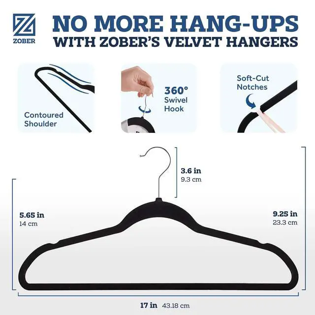 Alt view image 3 of 7 - Black Velvet Hangers 50 Pack - Clothes Hangers, Coat Hanger for Pants & Dress Clothes - Non Slip w/ 360 Degree Swivel, Holds up to 10 lbs - Strong Felt Hanger for Clothing