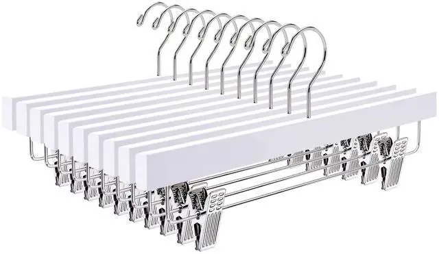 Main image of 10 Pack White Wooden Pants Hangers with Adjustable Clips, 14"
